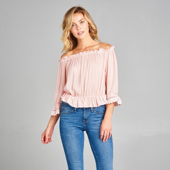 Pink Off Shoulder Lace Sleeve Top 08005 - Picture 2 of 5